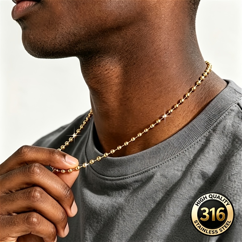 Classic Stainless Steel Golden Bead Chain, Unisex Design